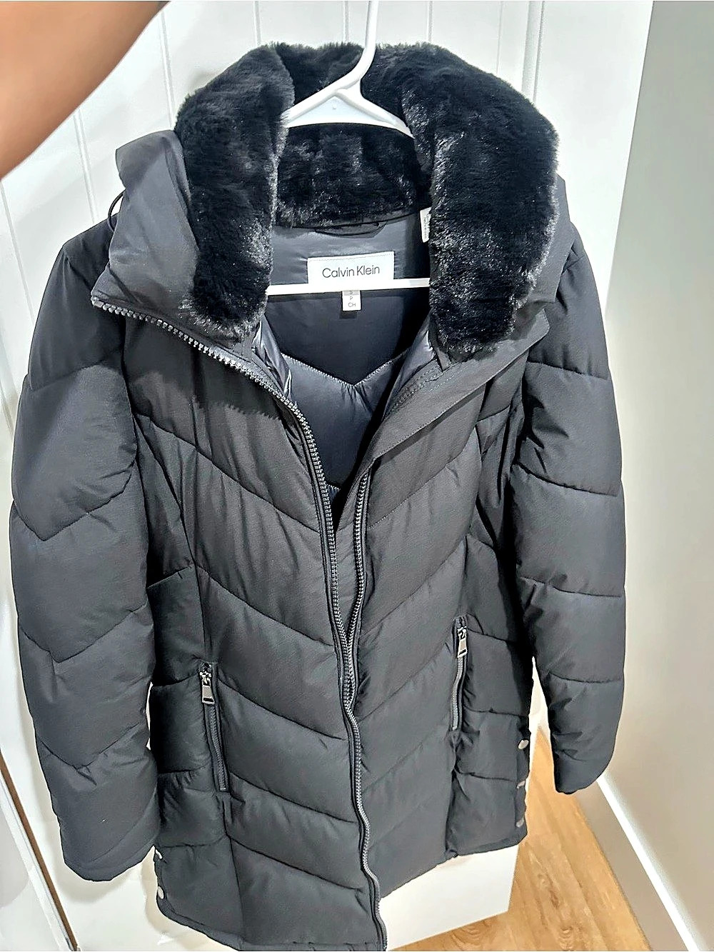 Calvin Klein Sorona Aura Chevron Quilted Faux Fur Hood Puffer Coat Puffer Coat